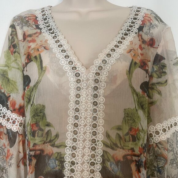 Alberto Makali Floral Sheer Long Dress Lace Trim Bell Sleeves Peasant Boho M - Picture 9 of 16
